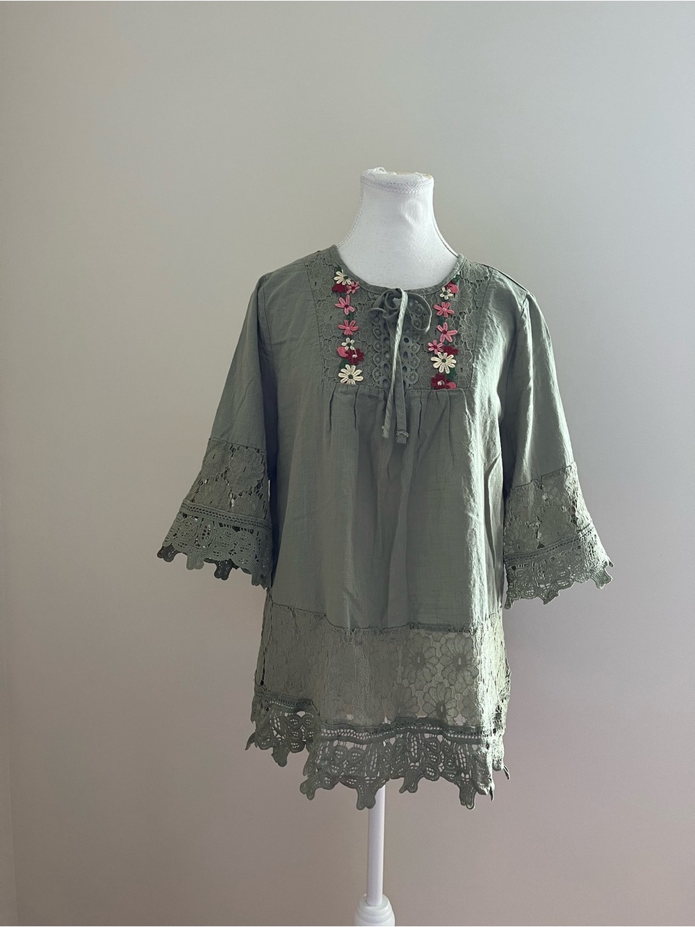 Embroidered Olive Green Crochet Lace Peasant Top